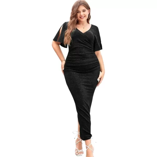 imageLALAGEN Womens Plus Size Glitter Wedding Guest Bodycon Maxi Dresses Short Sleeve V Neck Ruched Slit Cocktail Party DressBlack