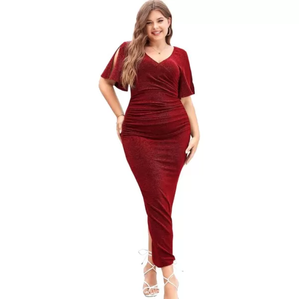 imageLALAGEN Womens Plus Size Glitter Wedding Guest Bodycon Maxi Dresses Short Sleeve V Neck Ruched Slit Cocktail Party DressWine