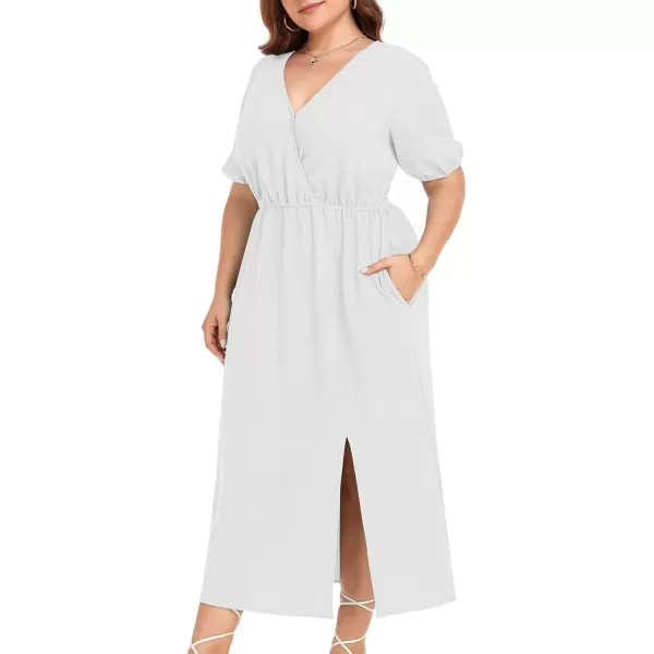 imageLALAGEN 2024 Plus Size Summer Dress for Women Casual Puff Sleeve V Neck Split Pocket Midi Dresses 1X6X