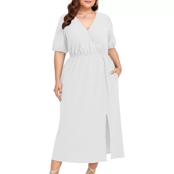 imageLALAGEN 2024 Plus Size Summer Dress for Women Casual Puff Sleeve V Neck Split Pocket Midi Dresses 1X6X