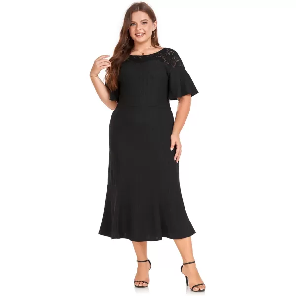 imageLALAGEN Womens Plus Size Wedding Guest Midi Dress Lace Patchwork Ruffle Short Sleeve Elegant Flare Cocktail Party DressesBlack