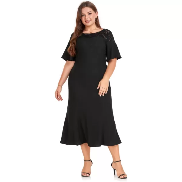 imageLALAGEN Womens Plus Size Wedding Guest Midi Dress Lace Patchwork Ruffle Short Sleeve Elegant Flare Cocktail Party DressesBlack