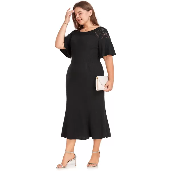 imageLALAGEN Womens Plus Size Wedding Guest Midi Dress Lace Patchwork Ruffle Short Sleeve Elegant Flare Cocktail Party DressesBlack