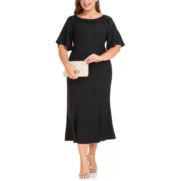 imageLALAGEN Womens 2024 Plus Size Wedding Guest Midi Dress Lace Patchwork Elegant Ruffle Short Sleeve Flare Cocktail Party DressBlack