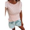 imageLALAGEN Short Sleeve Shirts for Women Pink Checkered Ribbed Slim Fit Crew Neck T ShirtPink