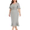 imageLALAGEN Plus Size Dress for Women Modest Short Sleeve Ruched Bodycon Mermaid Cocktail Midi Dresses 1X6XGrey