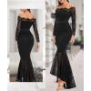imageLALAGEN Womens Floral Lace Long Sleeve Off Shoulder Wedding Mermaid DressBlack