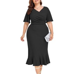 imageLALAGEN Plus Size Dress for Women Modest Short Sleeve Ruched Bodycon Mermaid Cocktail Midi Dresses 1X6XBlackr