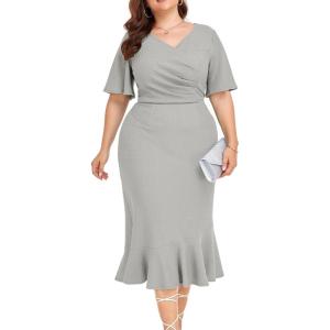imageLALAGEN Plus Size Dress for Women Modest Short Sleeve Ruched Bodycon Mermaid Cocktail Midi Dresses 1X6XGrey