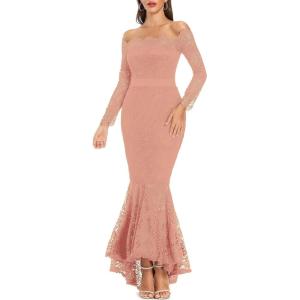 imageLALAGEN Womens Floral Lace Long Sleeve Off Shoulder Wedding Mermaid DressLight Pink
