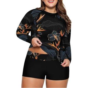 imageLALAGEN Womens Long Sleeve Sun Protection Rashguard Swimwear Athletic TankiniLeaf Black Orange