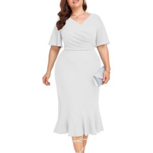 imageLALAGEN Plus Size Dress for Women Modest Short Sleeve Ruched Bodycon Mermaid Cocktail Midi Dresses 1X6XWhitew