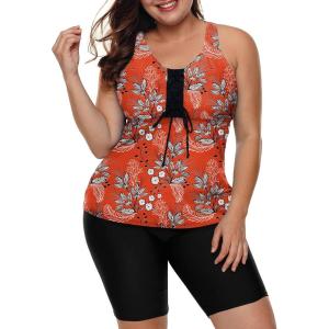 imageLALAGEN Womens 2024 Plus Size Tankini Swimsuit Rash Guard Capris Athletic Two Piece Swimwear Bathing Suits for Women S5XFloral Orange