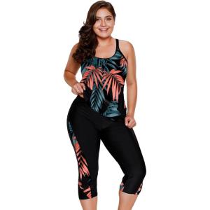 imageLALAGEN Womens Plus Size Swimsuits 2024 Modest Rash Guard Capris Tankini Bathing Suits Two Piece Bathing Suit SwimwearOrange Leaves