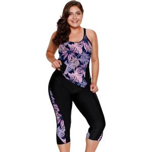 imageLALAGEN Womens Plus Size Swimsuits 2024 Modest Rash Guard Capris Tankini Bathing Suits Two Piece Bathing Suit SwimwearPurple Leaves