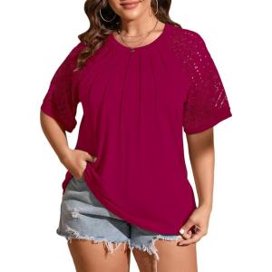 imageLALAGEN Womens Plus Size T Shirts Trendy Lace Short Sleeve Crewneck Blouse Shirts Summer Casual Knitted Blouse Tops 1X5XZrose Red