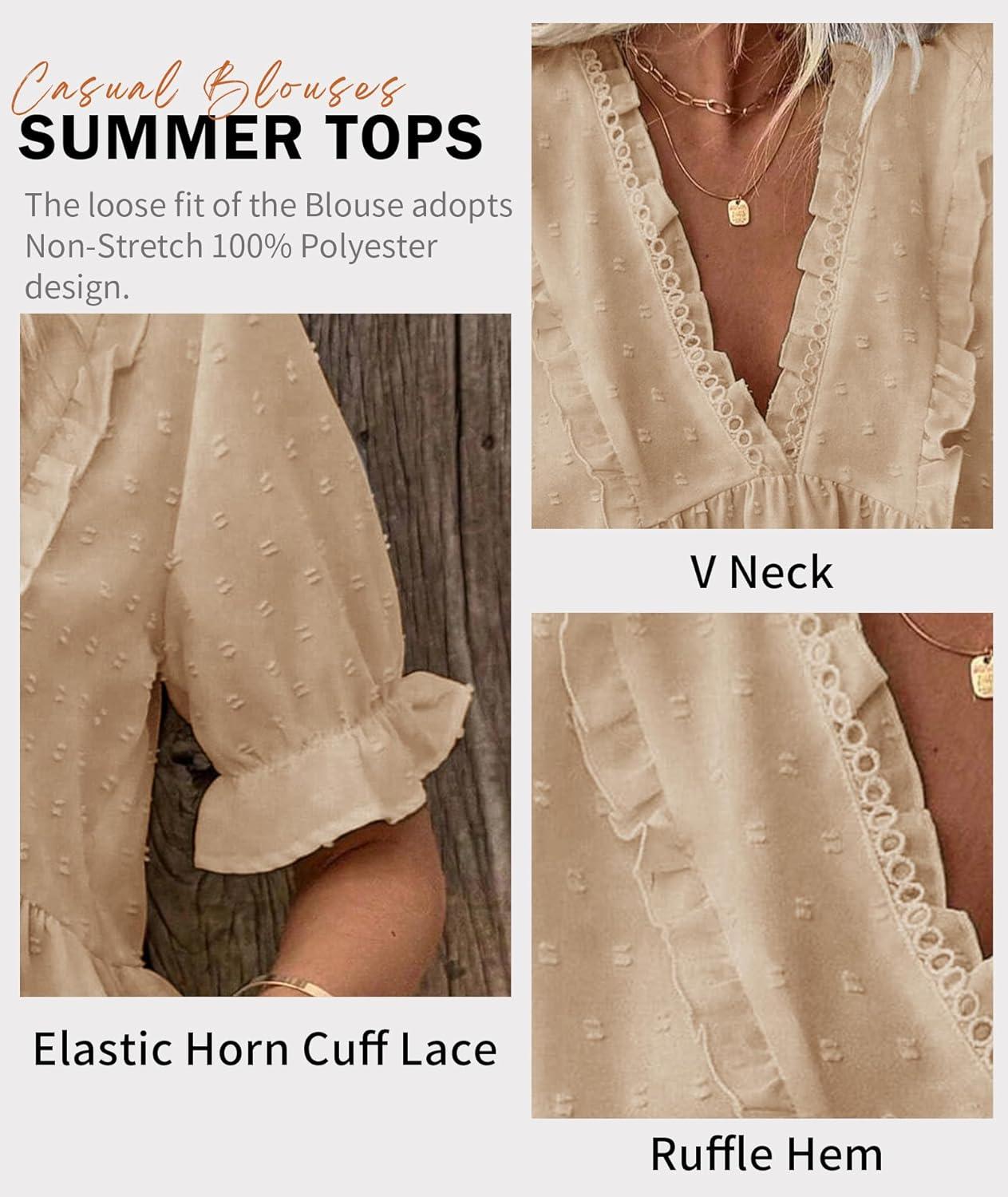 imageLALAGEN Womens Blouses Laser Cut Deep VNeck Puff Sleeve Blouse Tops 2025 Summer Boho Dressy Casual Swiss Dot Babydoll ShirtsAapricot