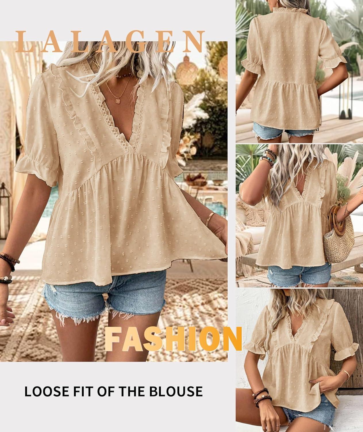imageLALAGEN Womens Blouses Laser Cut Deep VNeck Puff Sleeve Blouse Tops 2025 Summer Boho Dressy Casual Swiss Dot Babydoll ShirtsAapricot