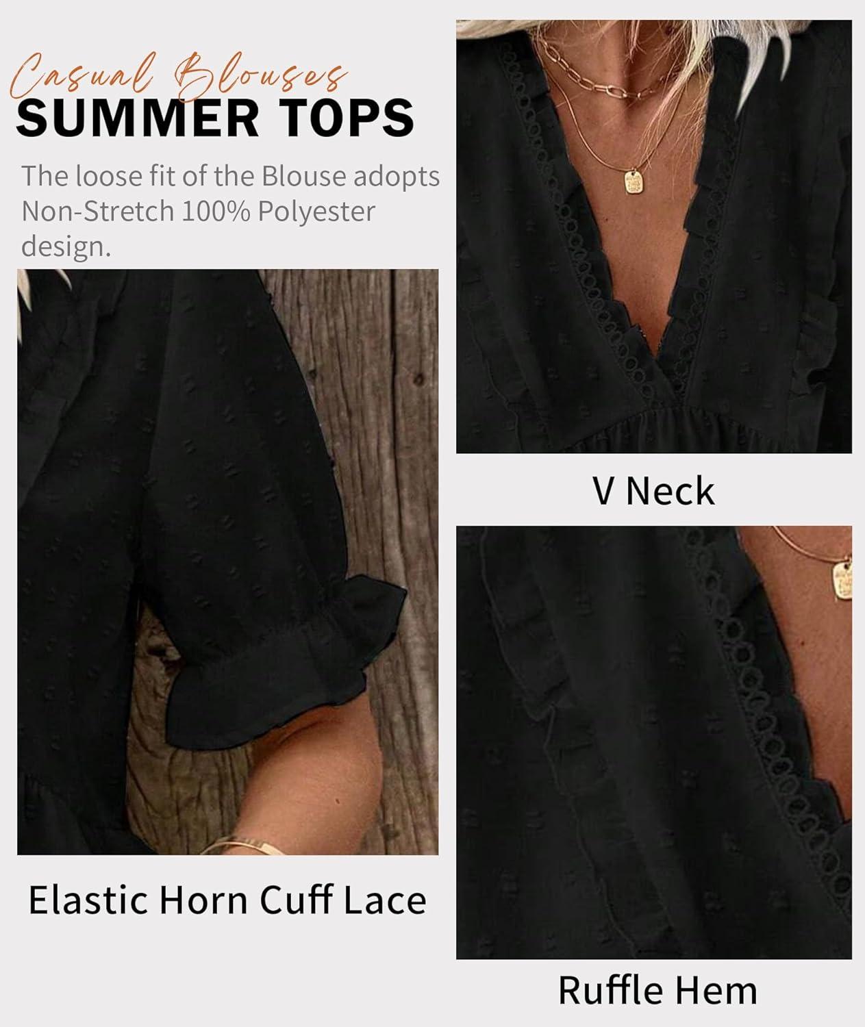 imageLALAGEN Womens Blouses Laser Cut Deep VNeck Puff Sleeve Blouse Tops 2025 Summer Boho Dressy Casual Swiss Dot Babydoll ShirtsAblack