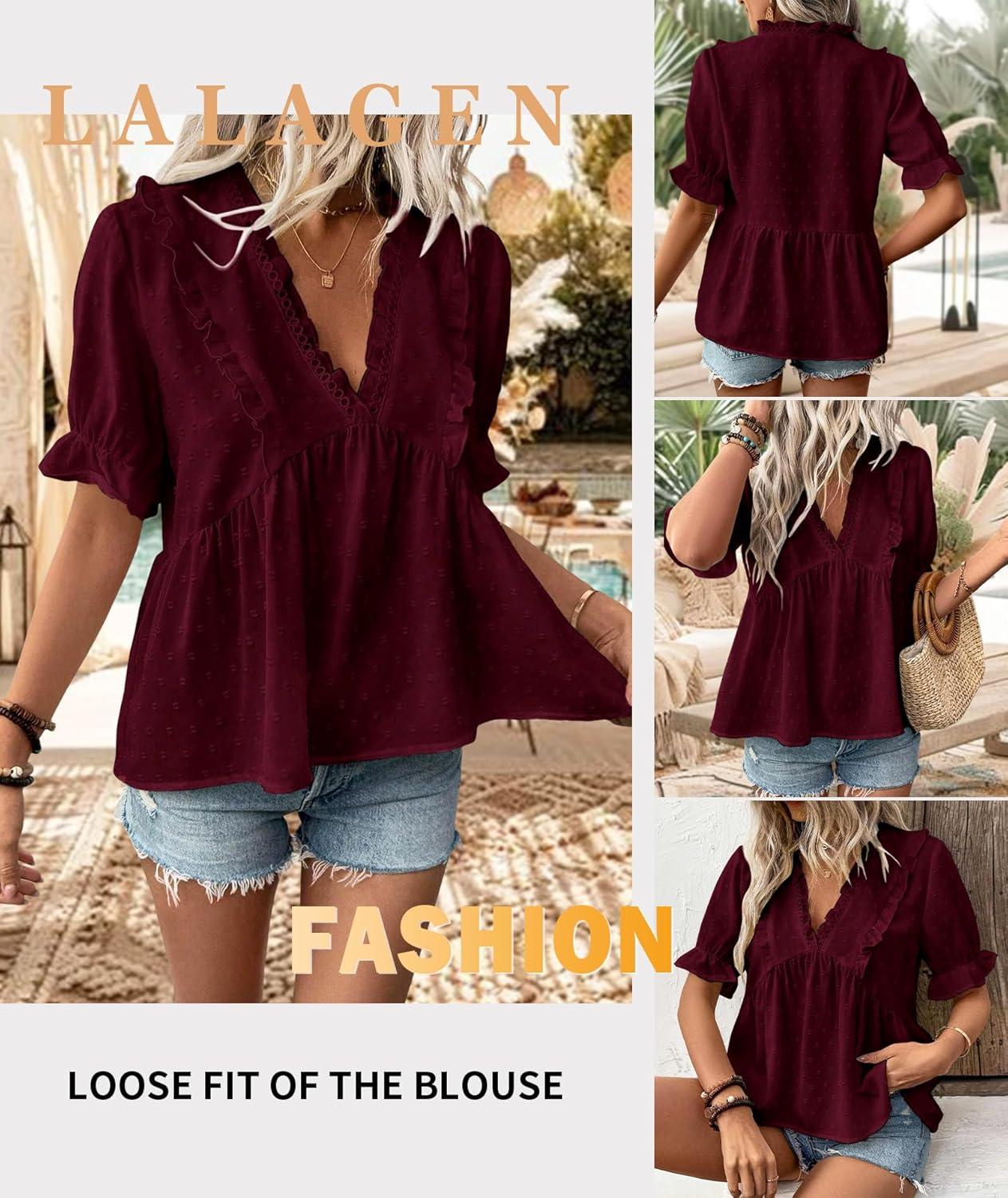 imageLALAGEN Womens Blouses Laser Cut Deep VNeck Puff Sleeve Blouse Tops 2025 Summer Boho Dressy Casual Swiss Dot Babydoll ShirtsAred