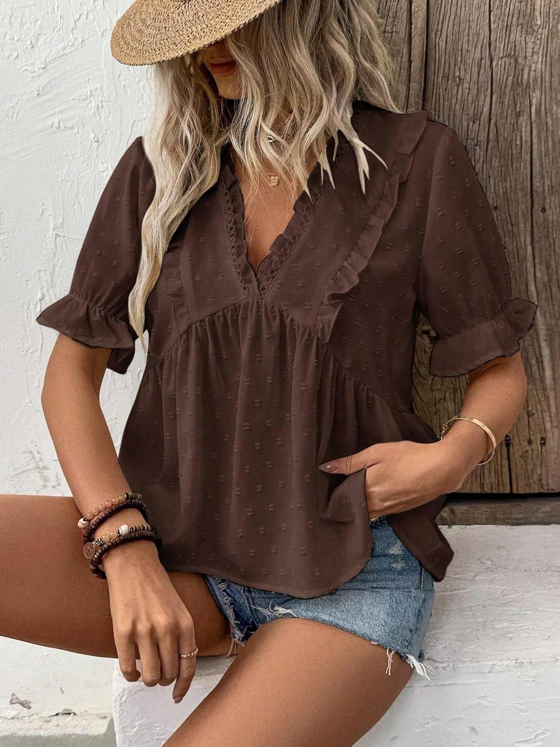 imageLALAGEN Womens Blouses Laser Cut Deep VNeck Puff Sleeve Blouse Tops 2025 Summer Boho Dressy Casual Swiss Dot Babydoll ShirtsCoffee Brown