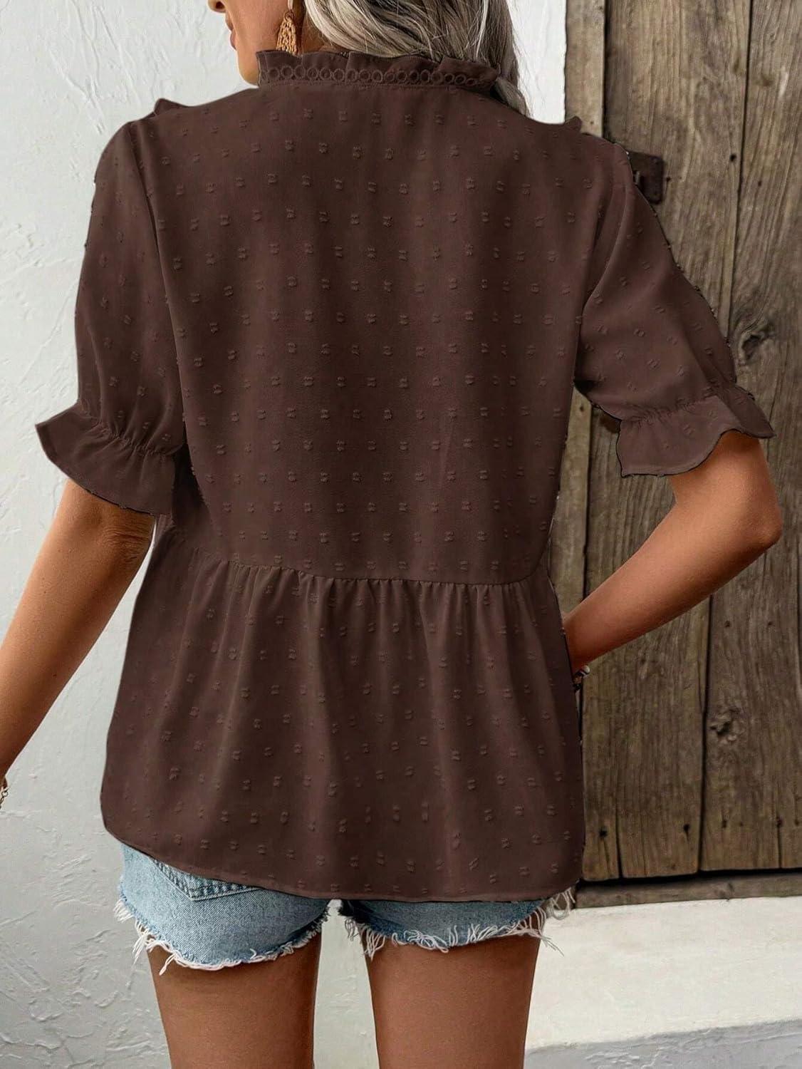 imageLALAGEN Womens Blouses Laser Cut Deep VNeck Puff Sleeve Blouse Tops 2025 Summer Boho Dressy Casual Swiss Dot Babydoll ShirtsCoffee Brown