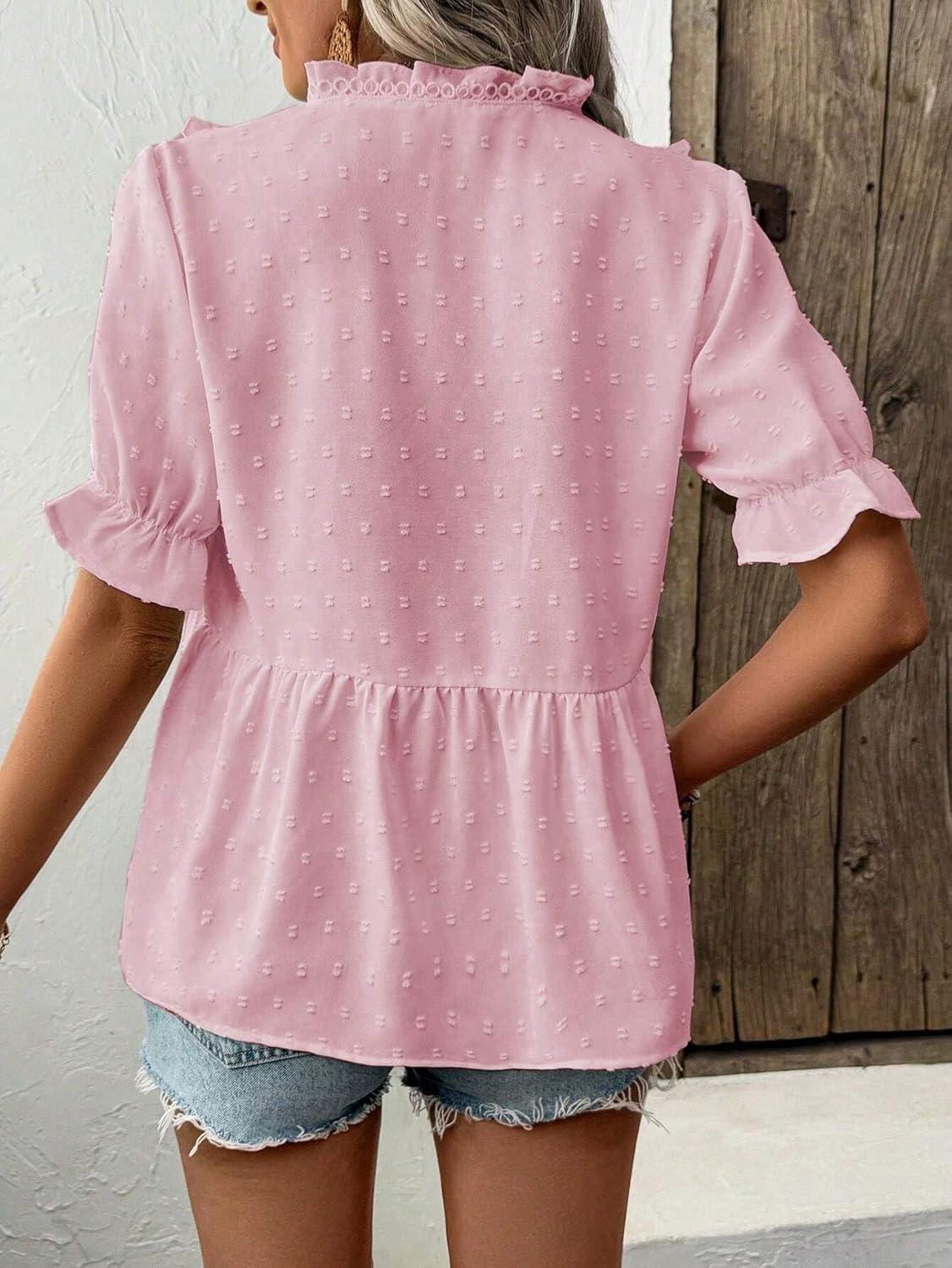 imageLALAGEN Womens Blouses Laser Cut Deep VNeck Puff Sleeve Blouse Tops 2025 Summer Boho Dressy Casual Swiss Dot Babydoll ShirtsPink