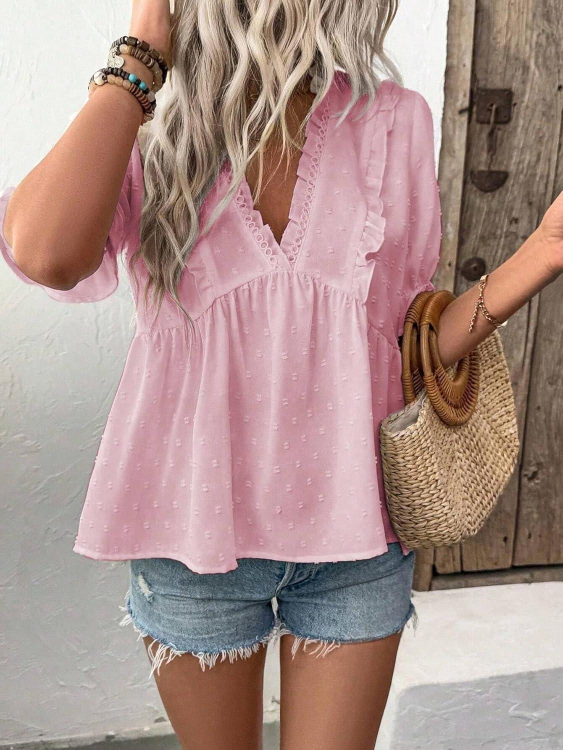 imageLALAGEN Womens Blouses Laser Cut Deep VNeck Puff Sleeve Blouse Tops 2025 Summer Boho Dressy Casual Swiss Dot Babydoll ShirtsPink