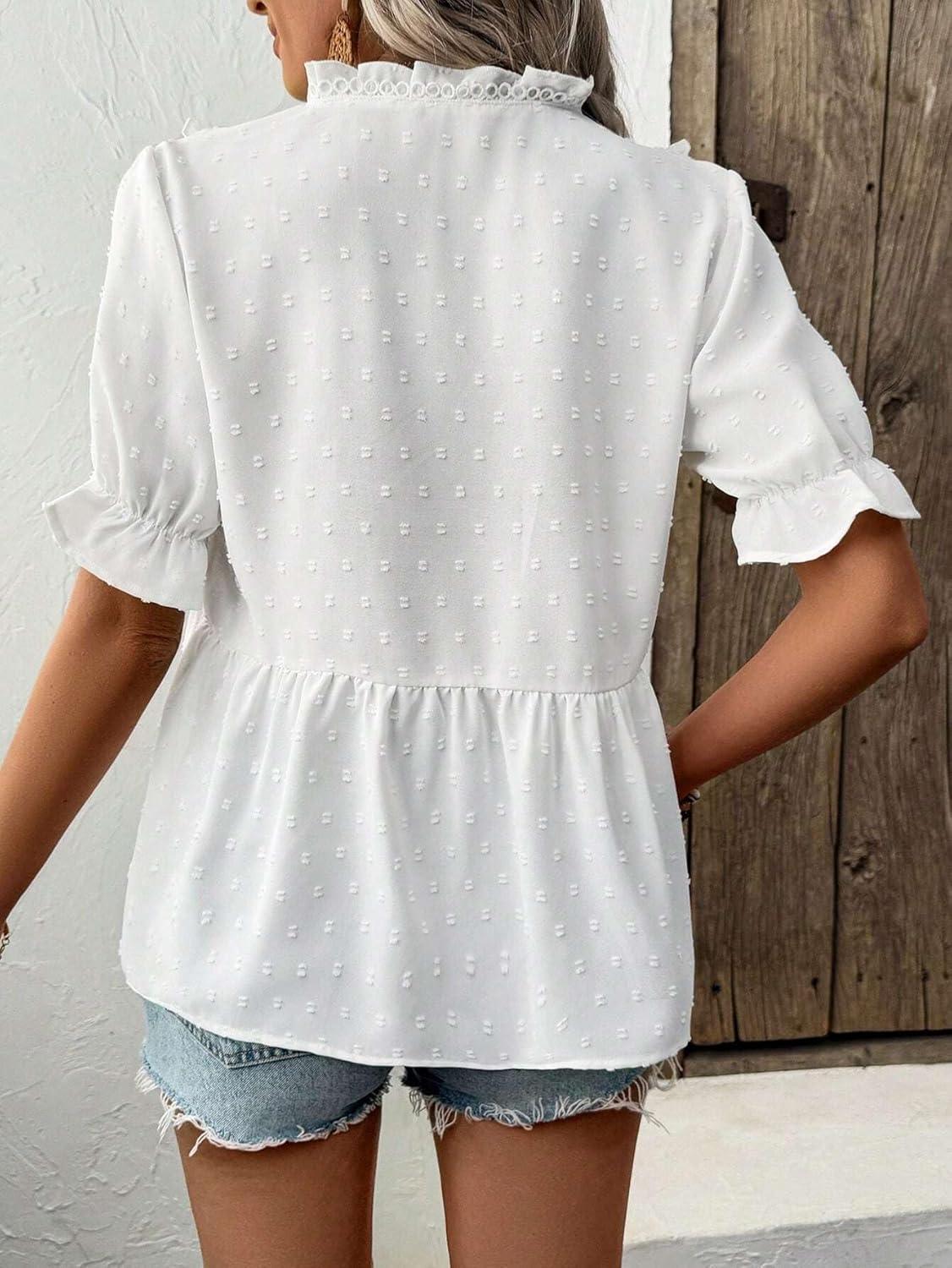imageLALAGEN Womens Blouses Laser Cut Deep VNeck Puff Sleeve Blouse Tops 2025 Summer Boho Dressy Casual Swiss Dot Babydoll ShirtsWhite