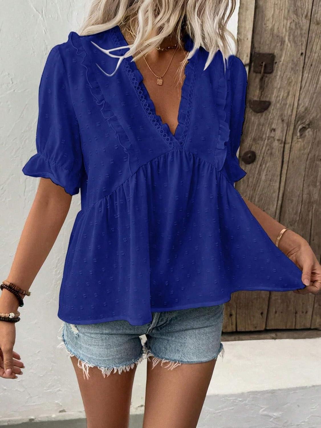 imageLALAGEN Womens Blouses Laser Cut Deep VNeck Puff Sleeve Blouse Tops 2025 Summer Boho Dressy Casual Swiss Dot Babydoll ShirtsZblue