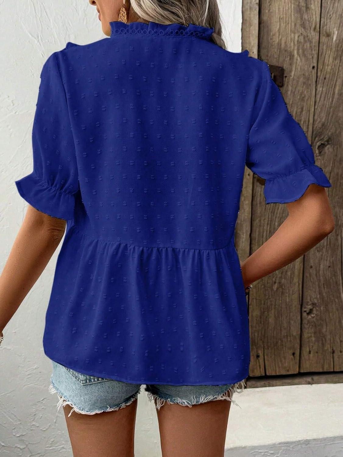 imageLALAGEN Womens Blouses Laser Cut Deep VNeck Puff Sleeve Blouse Tops 2025 Summer Boho Dressy Casual Swiss Dot Babydoll ShirtsZblue