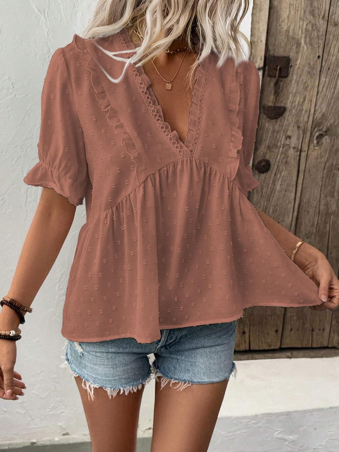 imageLALAGEN Womens Blouses Laser Cut Deep VNeck Puff Sleeve Blouse Tops 2025 Summer Boho Dressy Casual Swiss Dot Babydoll ShirtsZbrown