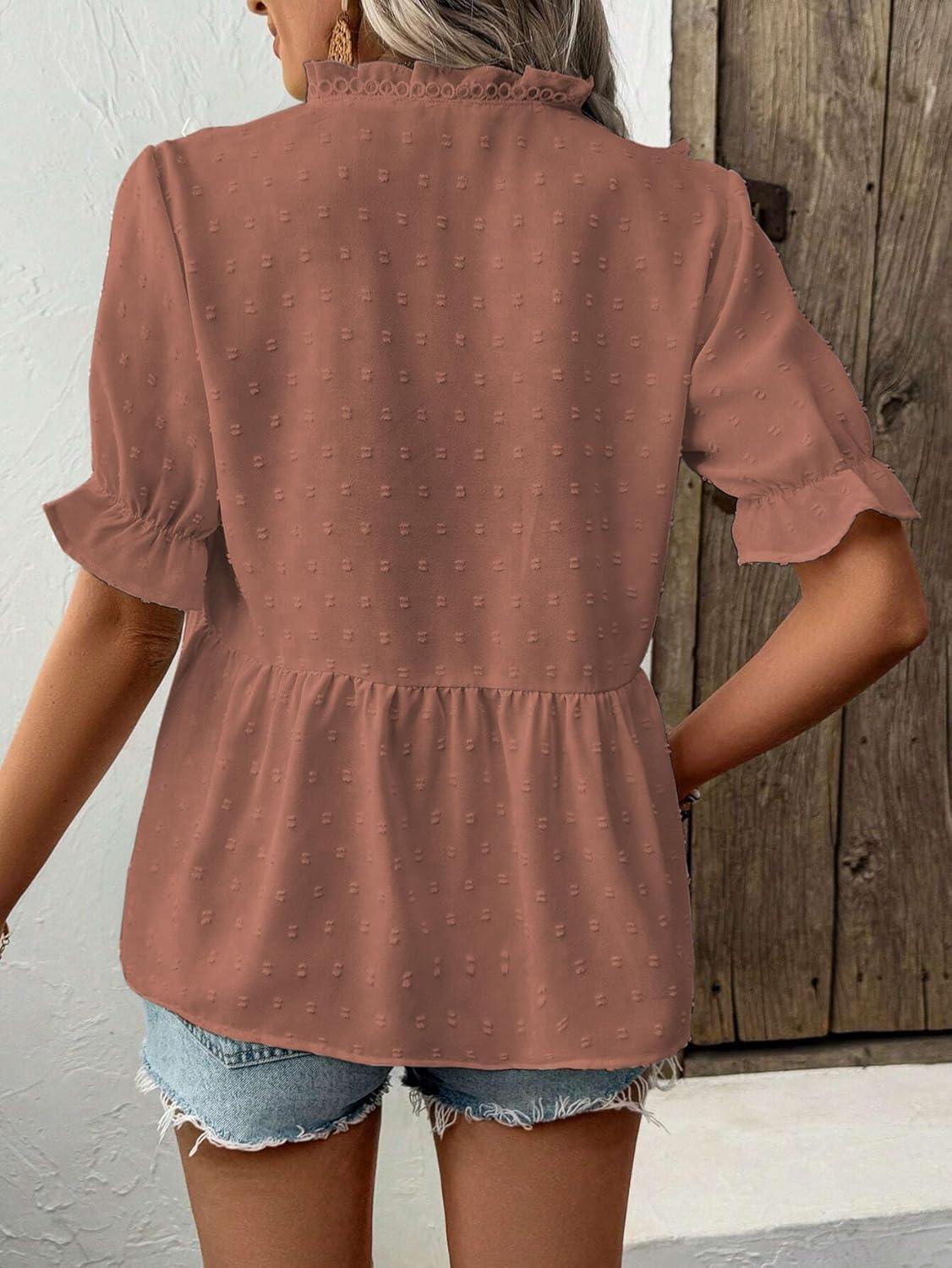 imageLALAGEN Womens Blouses Laser Cut Deep VNeck Puff Sleeve Blouse Tops 2025 Summer Boho Dressy Casual Swiss Dot Babydoll ShirtsZbrown