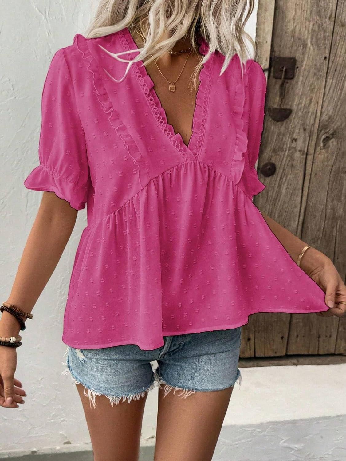 imageLALAGEN Womens Blouses Laser Cut Deep VNeck Puff Sleeve Blouse Tops 2025 Summer Boho Dressy Casual Swiss Dot Babydoll ShirtsZhot Pink