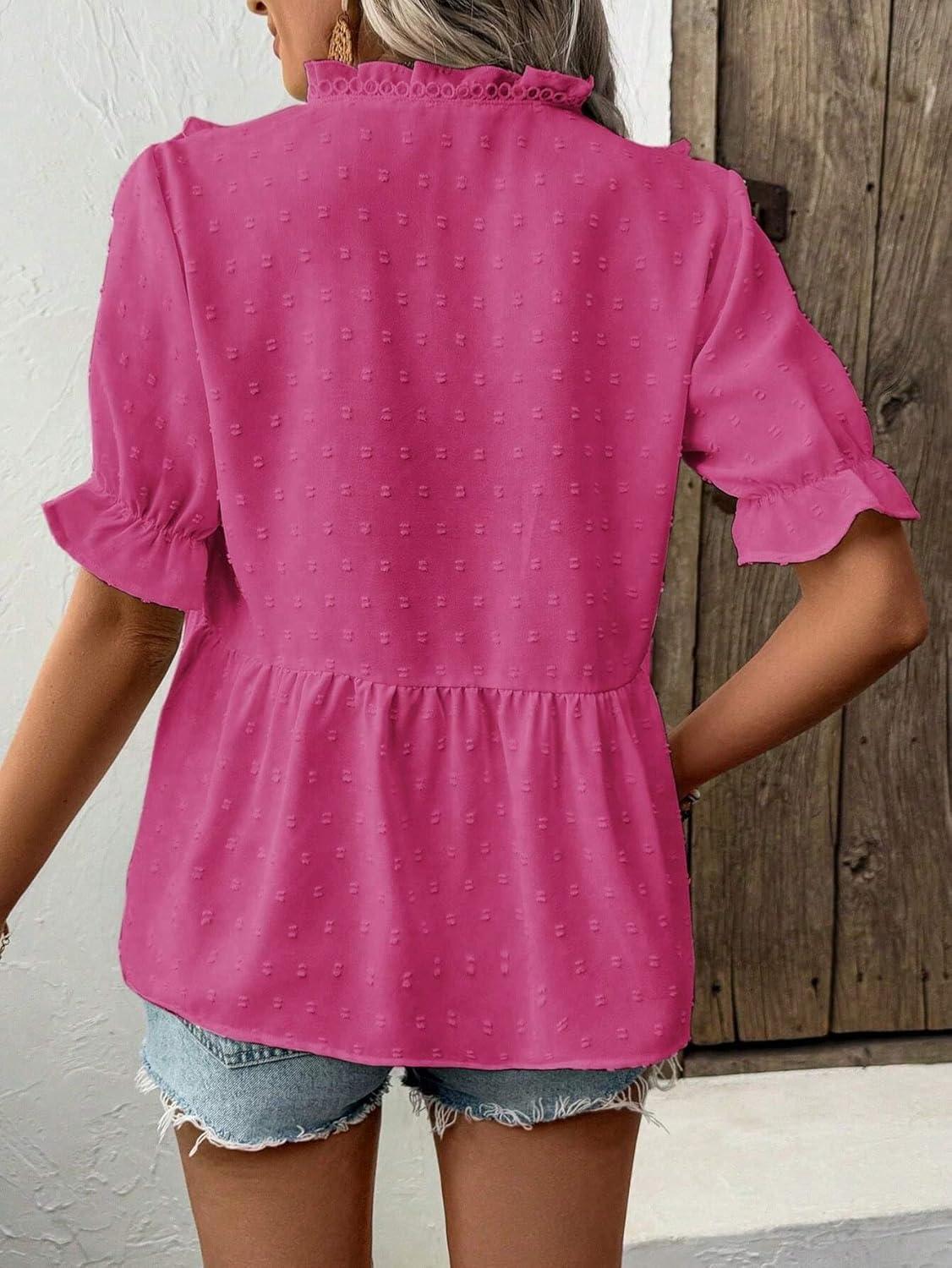 imageLALAGEN Womens Blouses Laser Cut Deep VNeck Puff Sleeve Blouse Tops 2025 Summer Boho Dressy Casual Swiss Dot Babydoll ShirtsZhot Pink