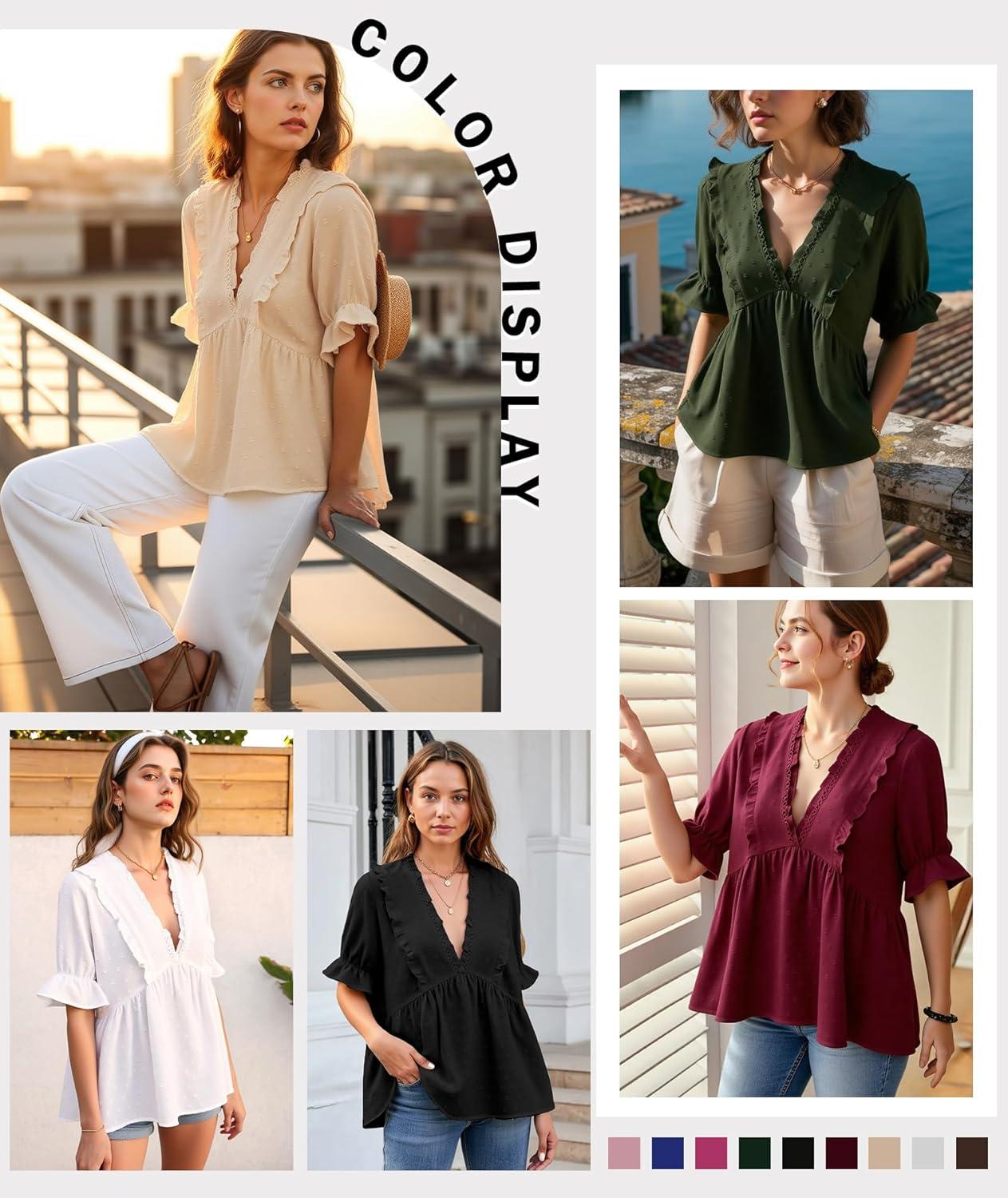 imageLALAGEN Womens Blouses Laser Cut Deep VNeck Puff Sleeve Blouse Tops 2025 Summer Boho Dressy Casual Swiss Dot Babydoll ShirtsZnavy
