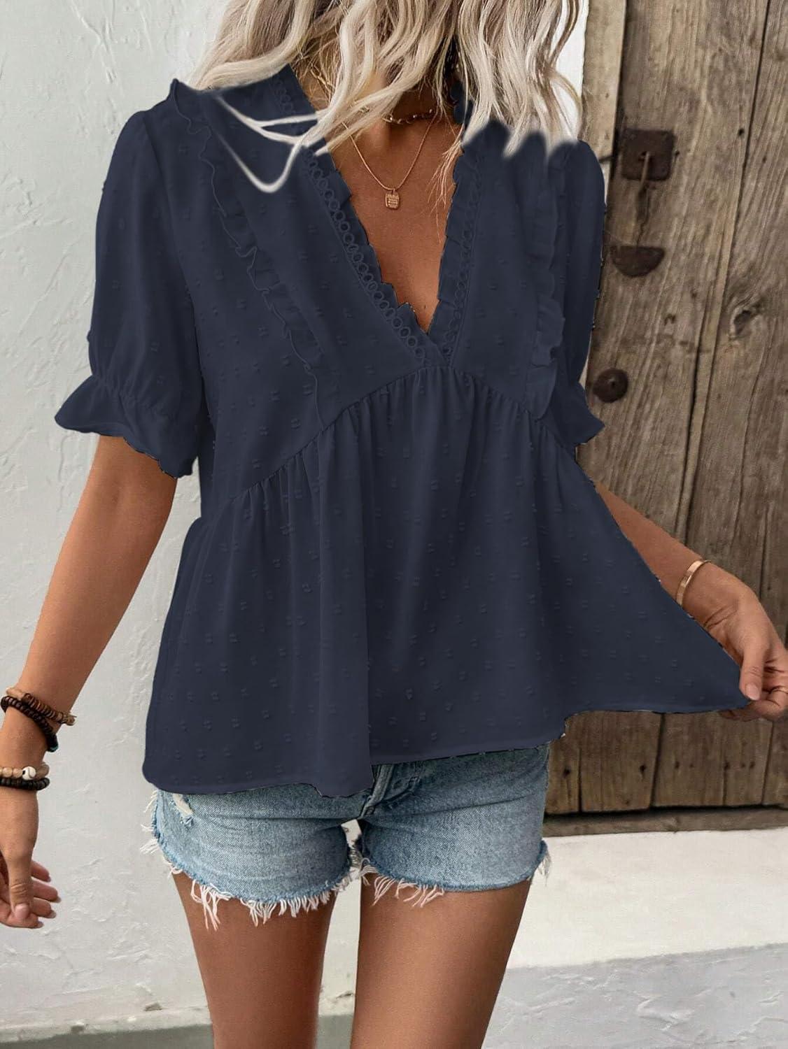 imageLALAGEN Womens Blouses Laser Cut Deep VNeck Puff Sleeve Blouse Tops 2025 Summer Boho Dressy Casual Swiss Dot Babydoll ShirtsZnavy
