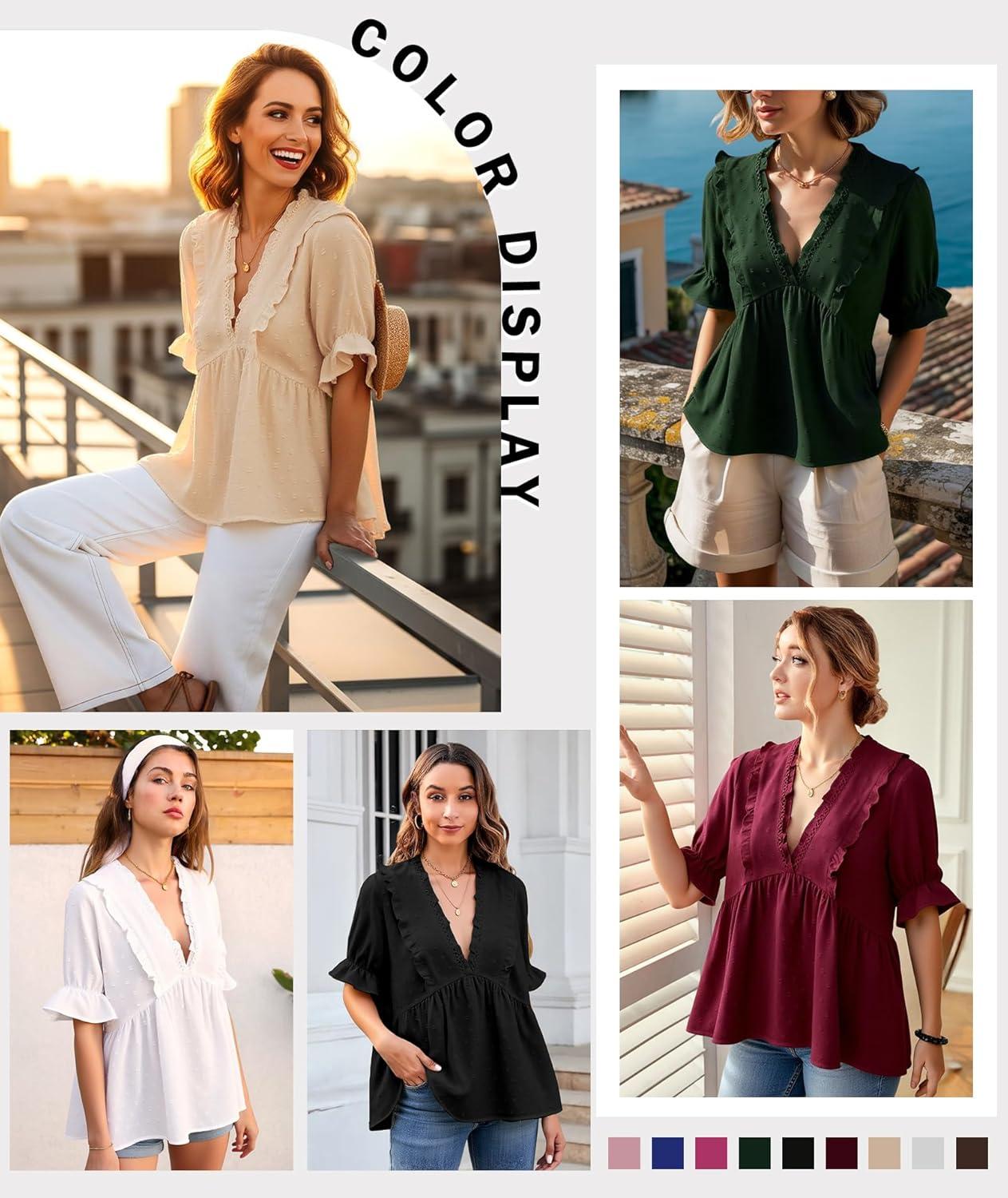 imageLALAGEN Womens Blouses Laser Cut Deep VNeck Puff Sleeve Blouse Tops 2025 Summer Boho Dressy Casual Swiss Dot Babydoll ShirtsZpeacock Blue