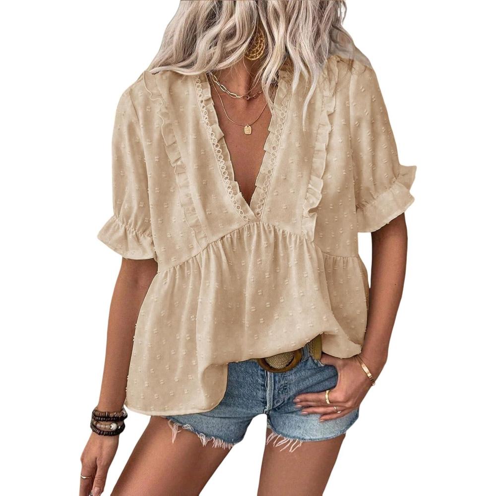 imageLALAGEN Womens Blouses Laser Cut Deep VNeck Puff Sleeve Blouse Tops 2025 Summer Boho Dressy Casual Swiss Dot Babydoll ShirtsAapricot