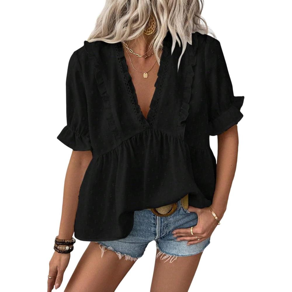 imageLALAGEN Womens Blouses Laser Cut Deep VNeck Puff Sleeve Blouse Tops 2025 Summer Boho Dressy Casual Swiss Dot Babydoll ShirtsAblack