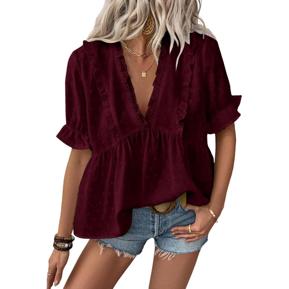 imageLALAGEN Womens Blouses Laser Cut Deep VNeck Puff Sleeve Blouse Tops 2025 Summer Boho Dressy Casual Swiss Dot Babydoll ShirtsAred