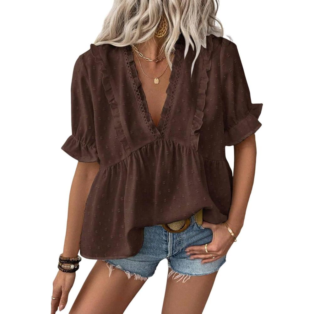 imageLALAGEN Womens Blouses Laser Cut Deep VNeck Puff Sleeve Blouse Tops 2025 Summer Boho Dressy Casual Swiss Dot Babydoll ShirtsCoffee Brown