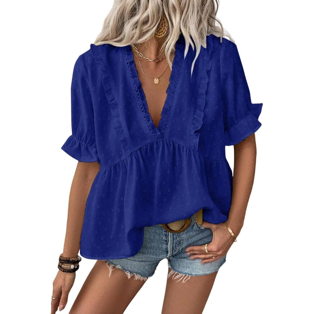 imageLALAGEN Womens Blouses Laser Cut Deep VNeck Puff Sleeve Blouse Tops 2025 Summer Boho Dressy Casual Swiss Dot Babydoll ShirtsZblue