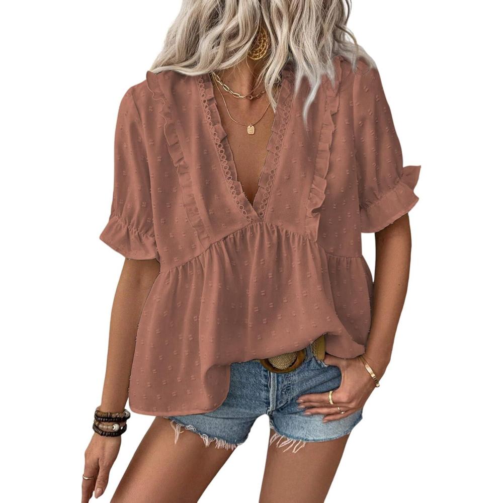 imageLALAGEN Womens Blouses Laser Cut Deep VNeck Puff Sleeve Blouse Tops 2025 Summer Boho Dressy Casual Swiss Dot Babydoll ShirtsZbrown