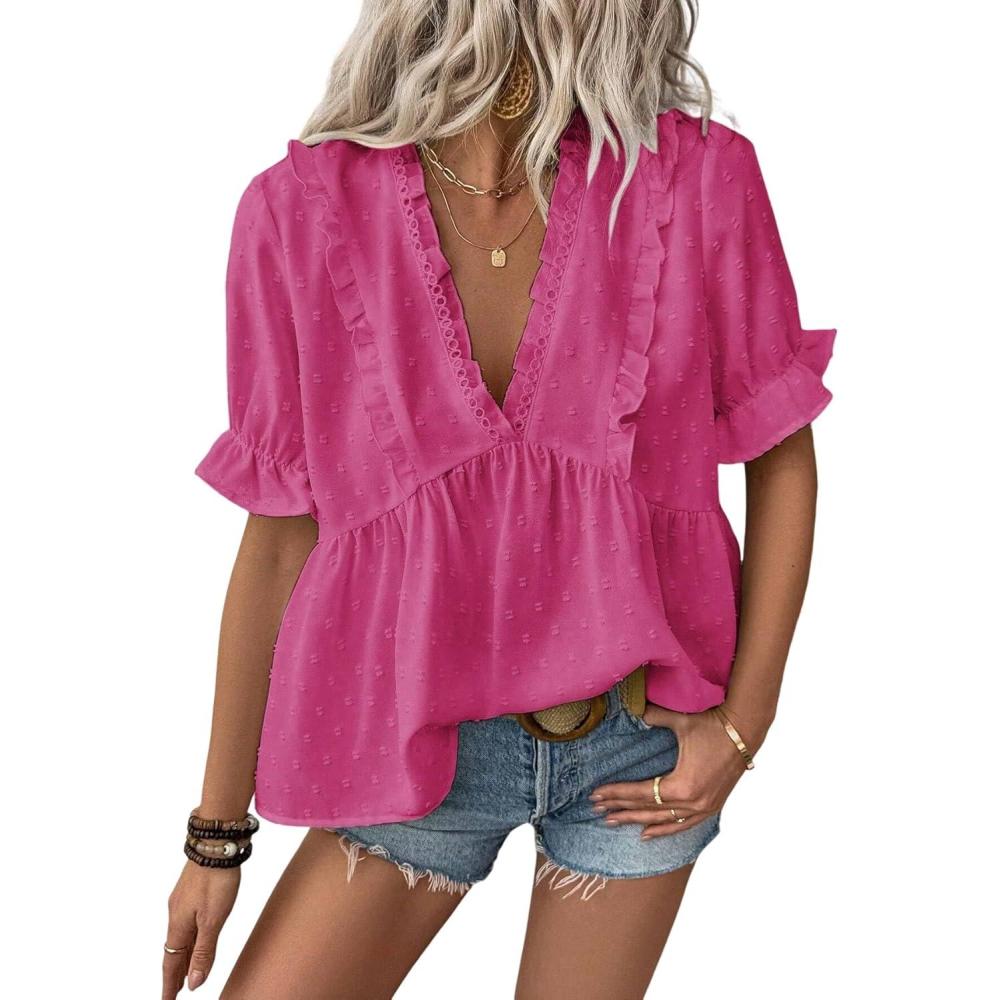 imageLALAGEN Womens Blouses Laser Cut Deep VNeck Puff Sleeve Blouse Tops 2025 Summer Boho Dressy Casual Swiss Dot Babydoll ShirtsZhot Pink