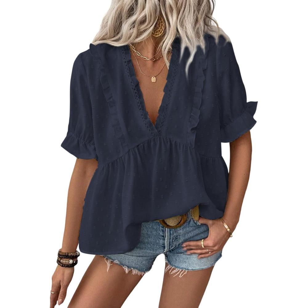 imageLALAGEN Womens Blouses Laser Cut Deep VNeck Puff Sleeve Blouse Tops 2025 Summer Boho Dressy Casual Swiss Dot Babydoll ShirtsZnavy