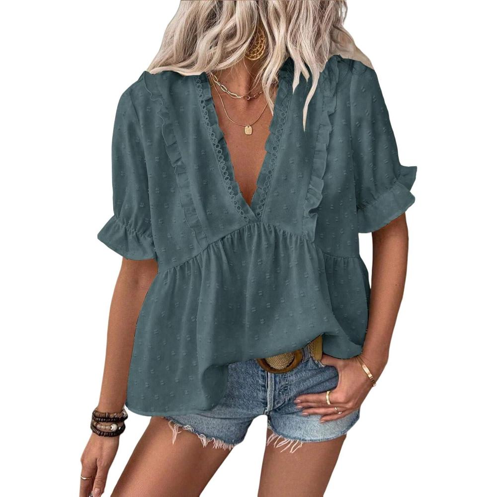imageLALAGEN Womens Blouses Laser Cut Deep VNeck Puff Sleeve Blouse Tops 2025 Summer Boho Dressy Casual Swiss Dot Babydoll ShirtsZpeacock Blue
