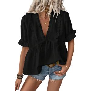 imageLALAGEN Womens Blouses Laser Cut Deep VNeck Puff Sleeve Blouse Tops 2025 Summer Boho Dressy Casual Swiss Dot Babydoll ShirtsAblack
