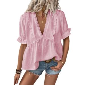 imageLALAGEN Womens Blouses Laser Cut Deep VNeck Puff Sleeve Blouse Tops 2025 Summer Boho Dressy Casual Swiss Dot Babydoll ShirtsPink