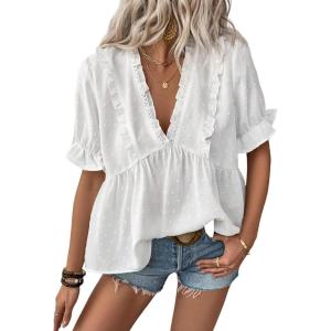 imageLALAGEN Womens Blouses Laser Cut Deep VNeck Puff Sleeve Blouse Tops 2025 Summer Boho Dressy Casual Swiss Dot Babydoll ShirtsWhite